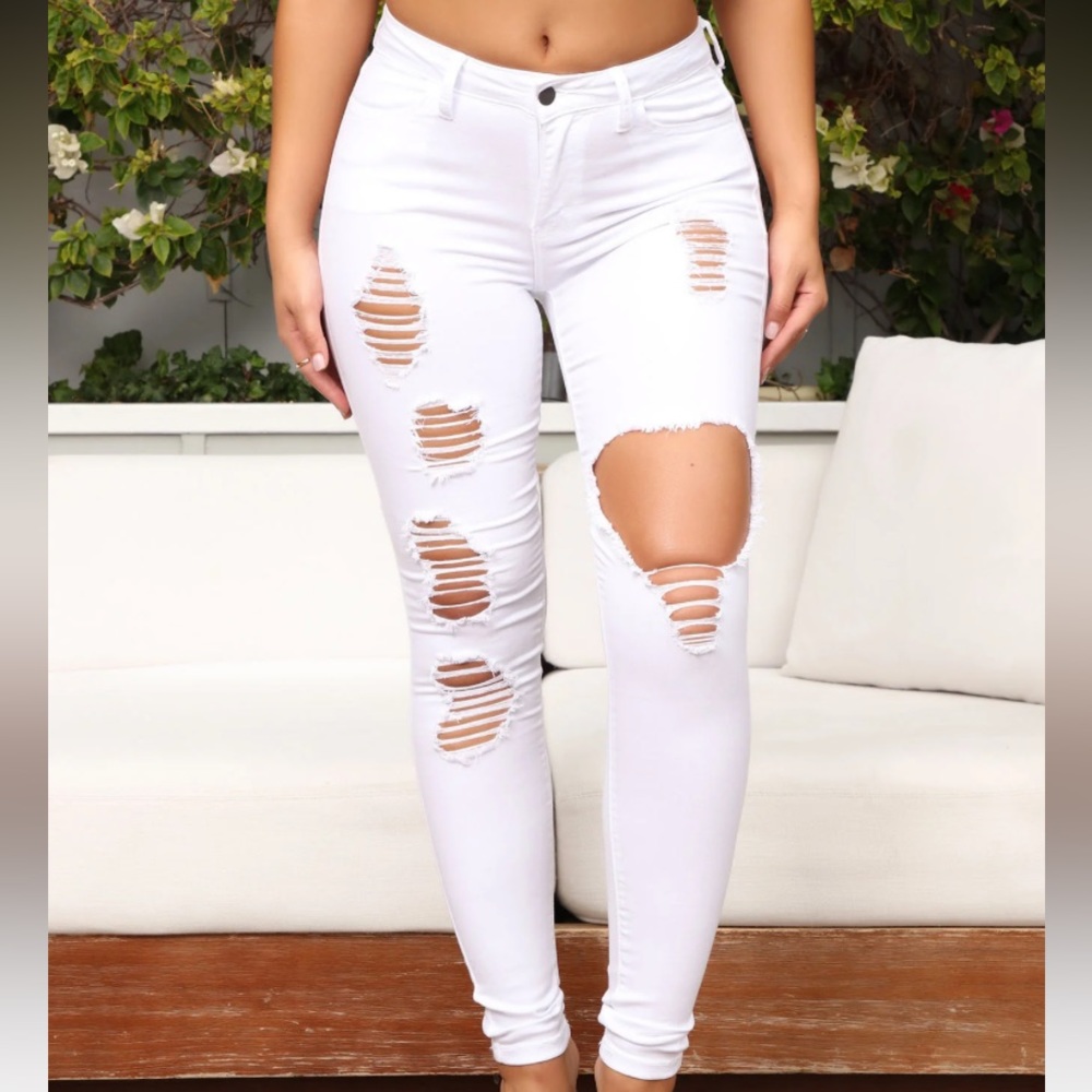 Ripped White High Stretch Mid Rise Skinny Jeans, Size: 1